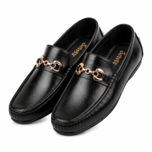 Premium Men’s Black Formal Loafers with Gold Chain Ornament