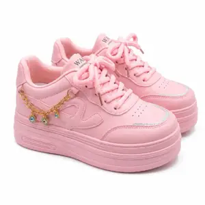 Girls' Trendy Pink Platform Sneakers with Detachable Gold Chain