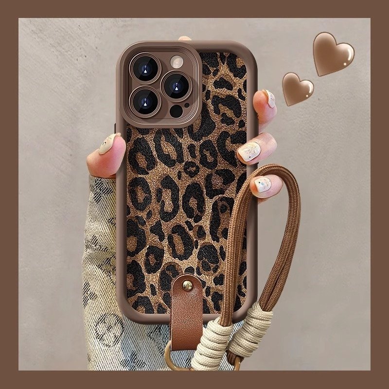 Leopard Print Lanyard Phone Case with Strap for iPhone 11 12 13 14 15 16 Pro Max