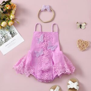 Girls' Butterfly Lace Yarn Princess Dress & Headdress Set
