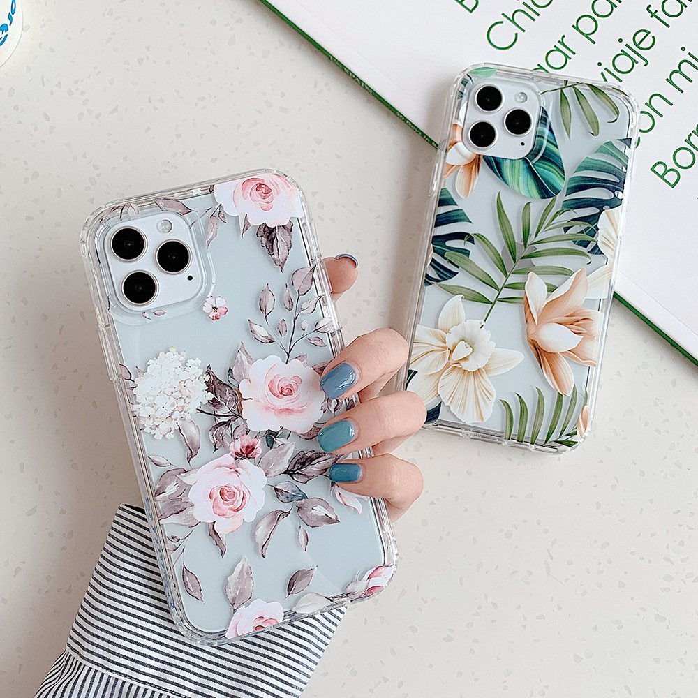 Banana Leaf Watercolor Flowers Protective Phone Case for iPhone 7 8 X 11 12 Pro Max