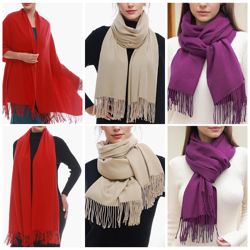 Women's Solid Color Winter Scarf: Cozy Pashmina Shawl with Tassels - Image 6