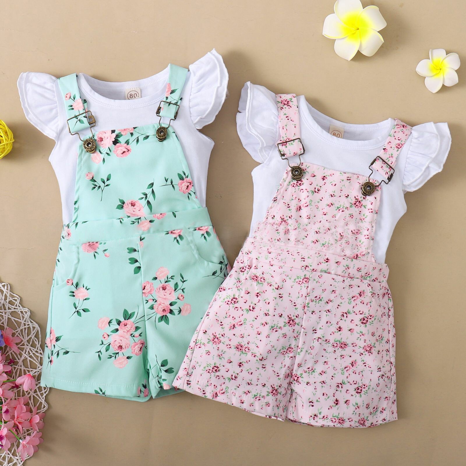 Girls' Short Sleeve Flounced T-Shirt & Floral Suspender Pants Set - Image 4