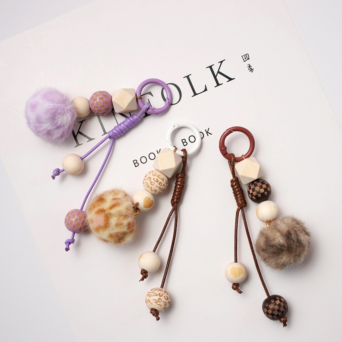 Wooden Bead Pompom Keychain | Boho Sweet Bag Charm Accessories - Image 7