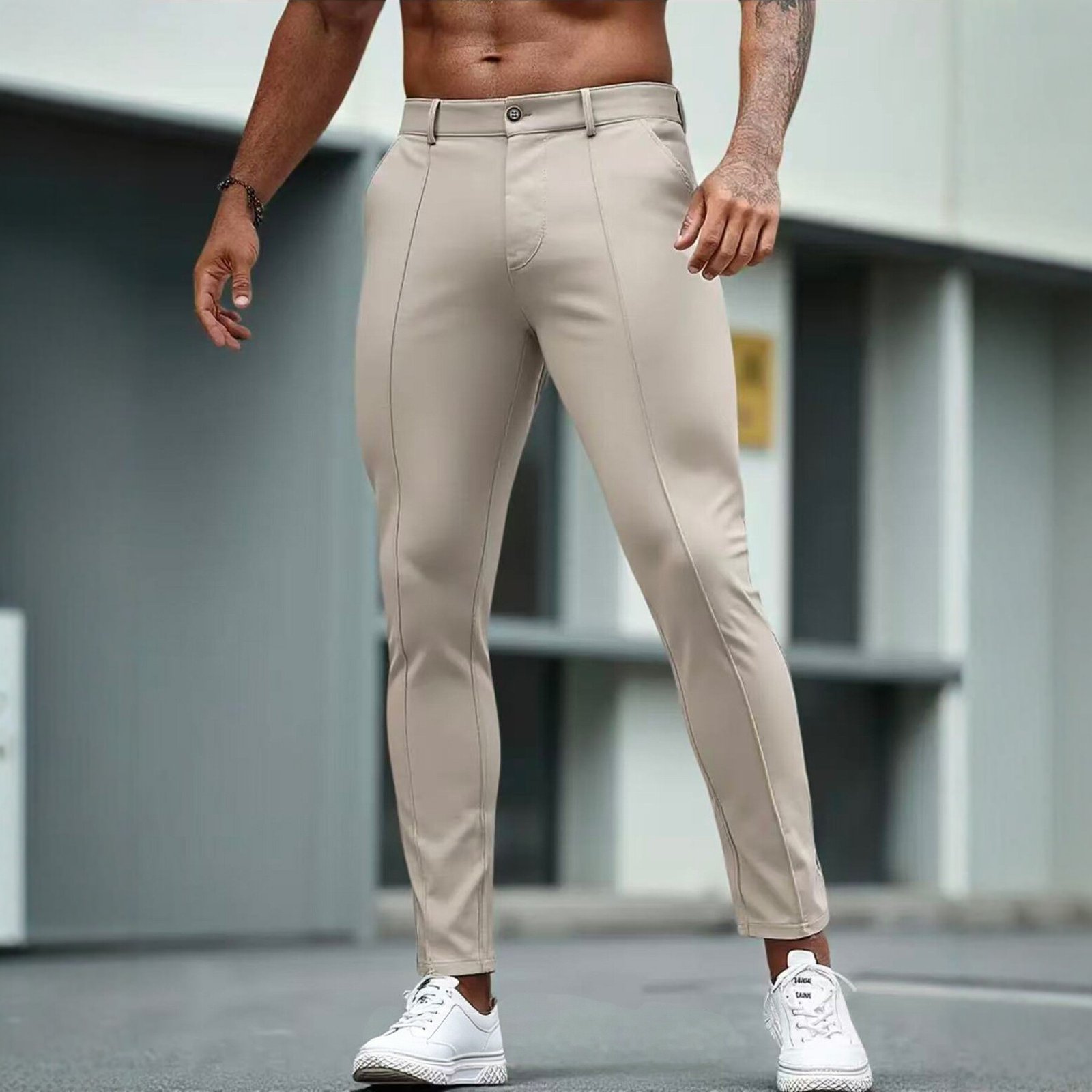 Men's Slim Fit Cropped Dress Trousers | Stretch Smart Casual Pants - Image 2