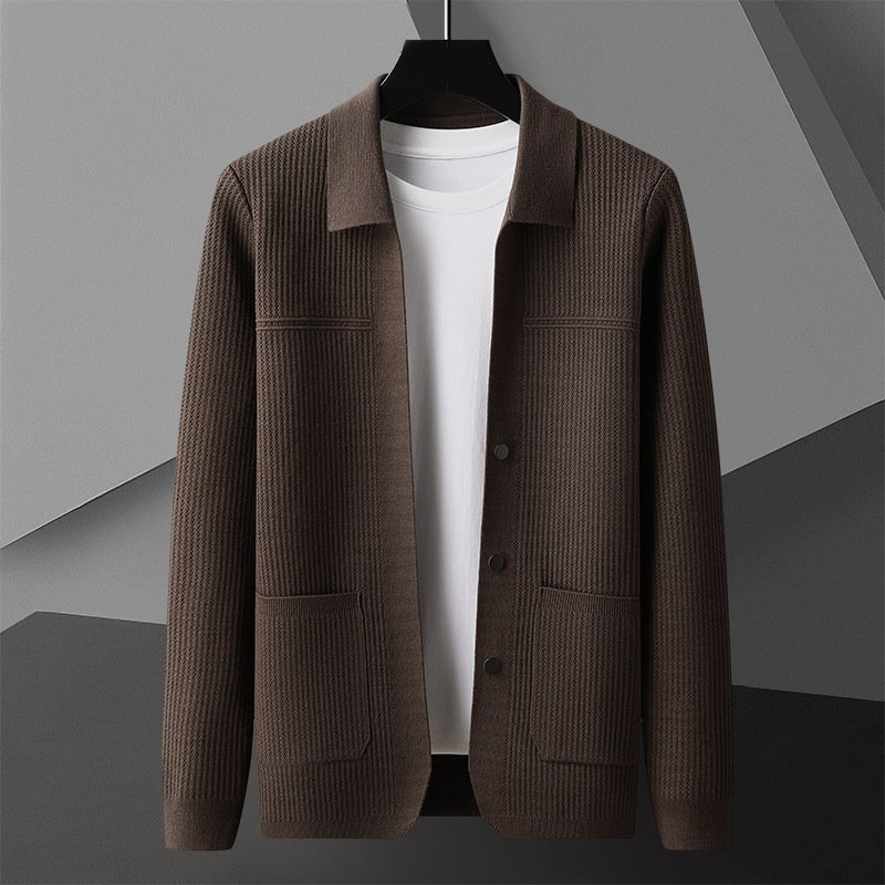 Men's Lapel Collar Knit Sweater with Pockets | Warm Fall Winter Cardigan - Image 6