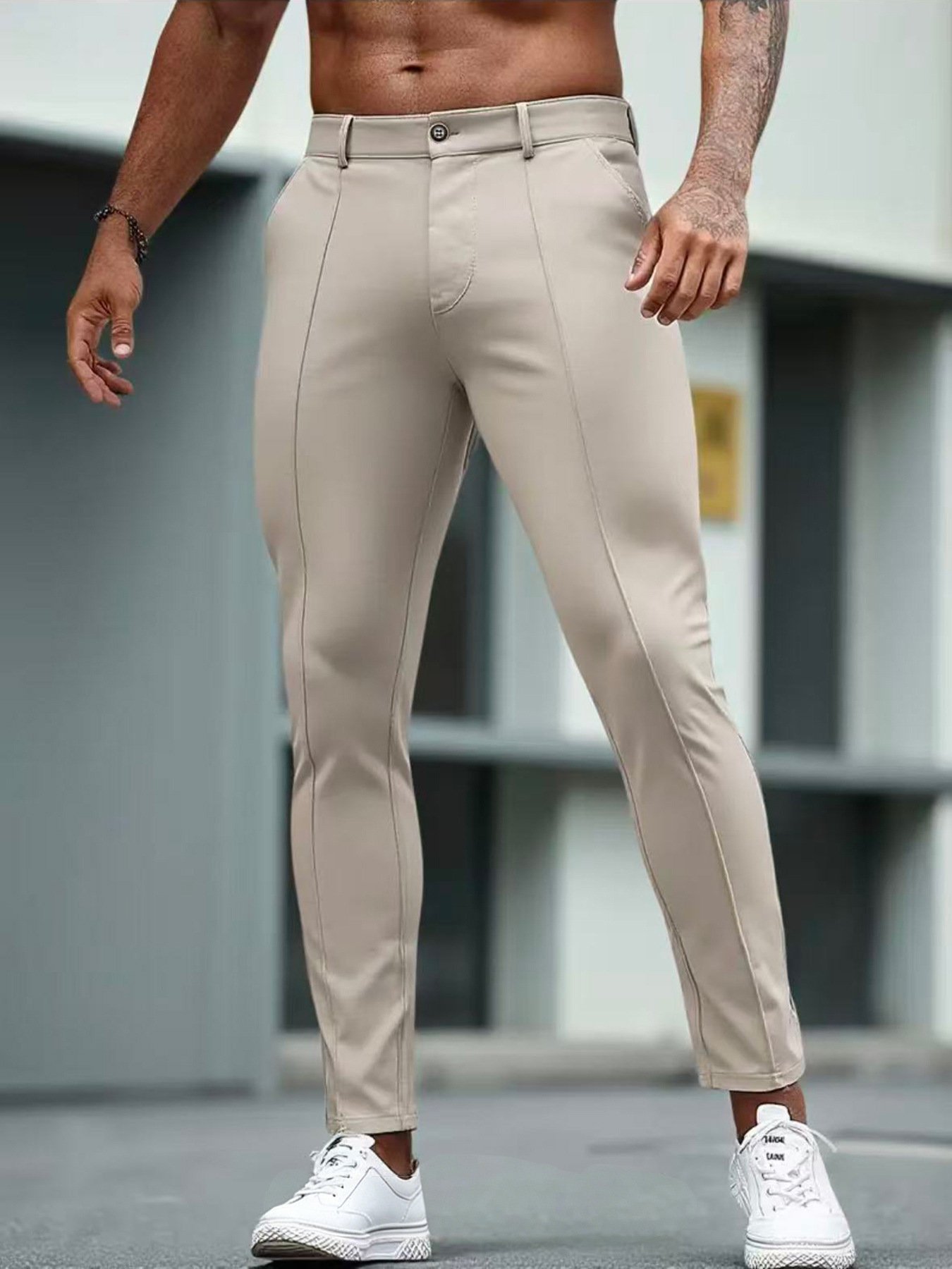 Men's Slim Fit Cropped Dress Trousers | Stretch Smart Casual Pants - Image 9