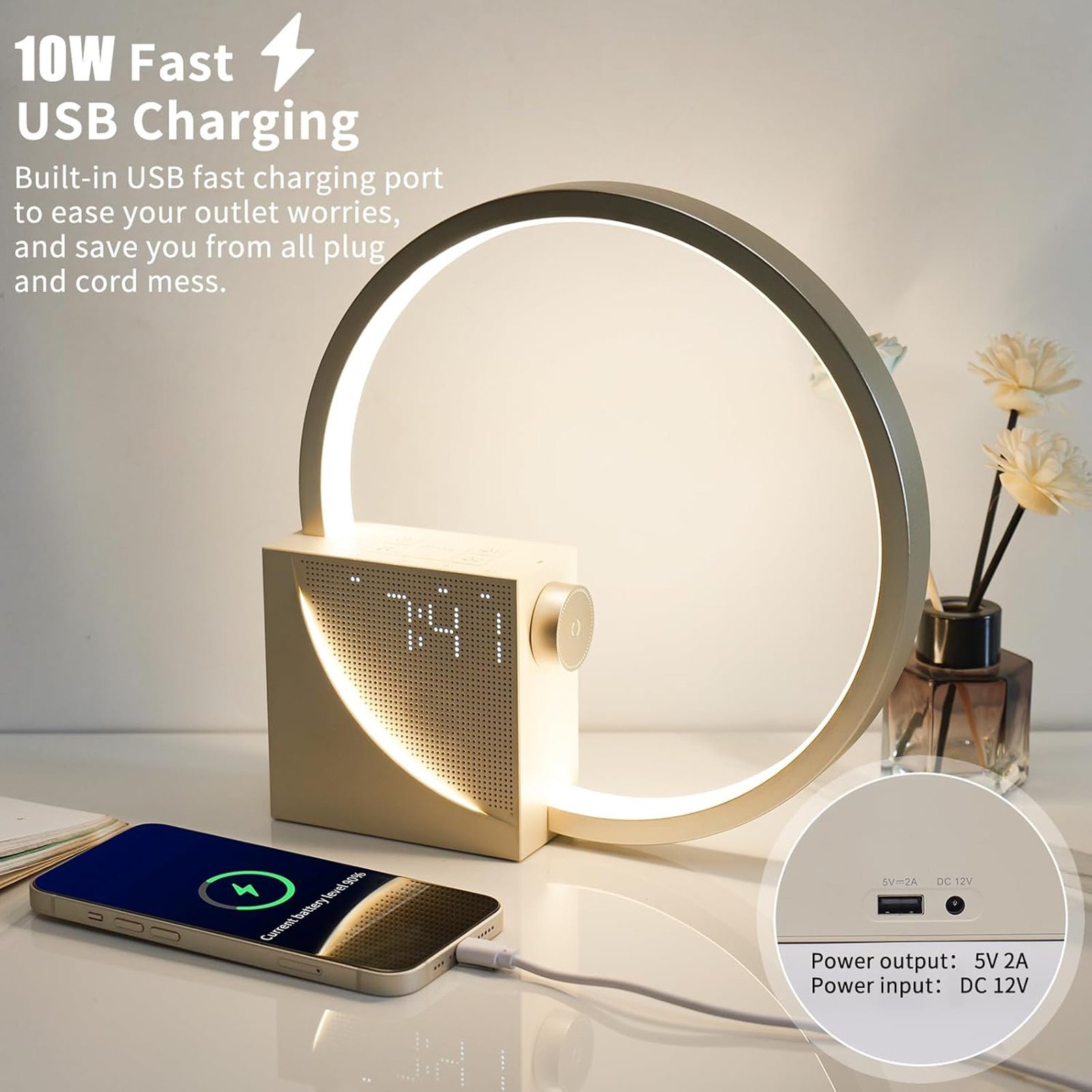 White Noise Alarm Clock with Night Light | 5V2A USB Charging Touch Lamp