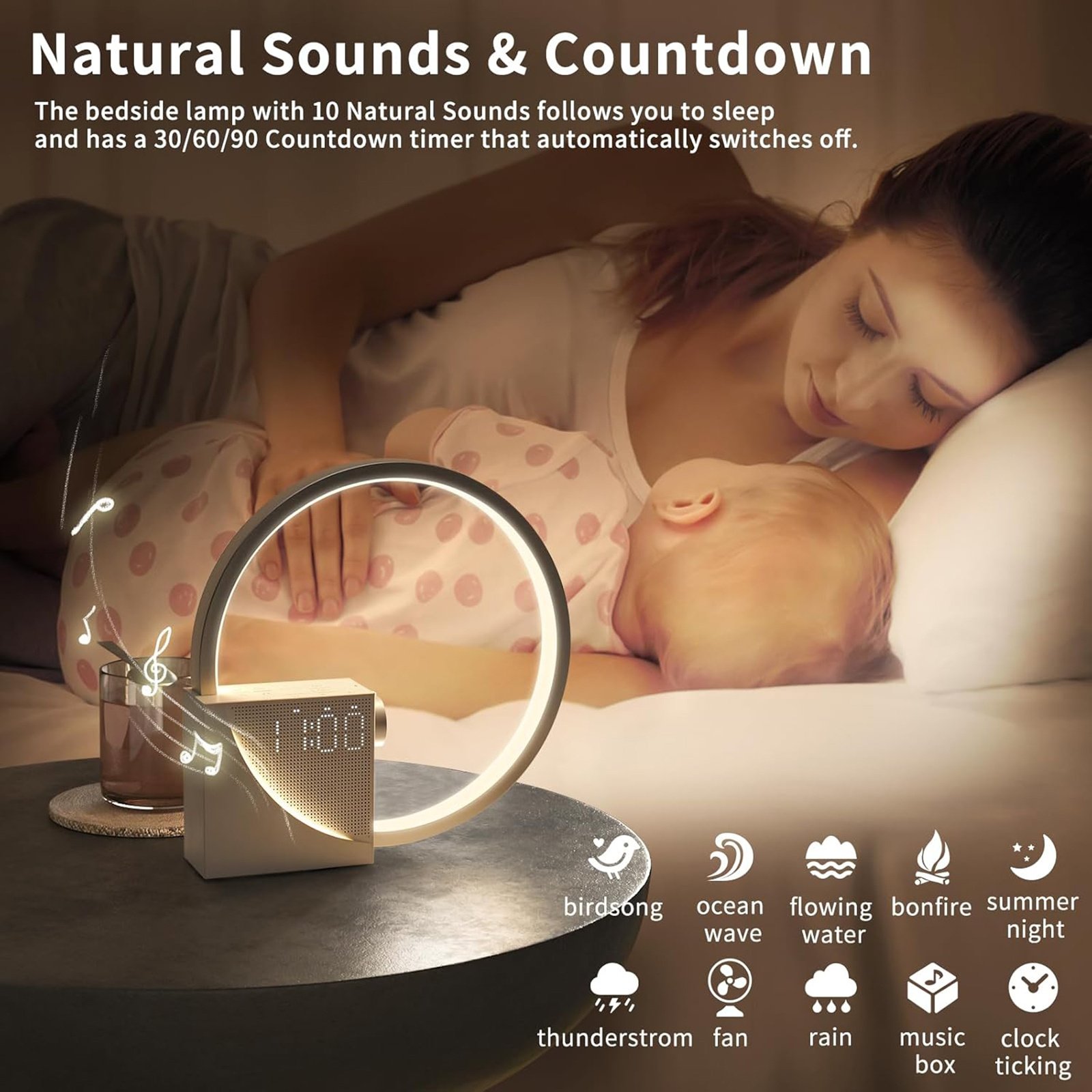 White Noise Alarm Clock with Night Light | 5V2A USB Charging Touch Lamp - Image 3