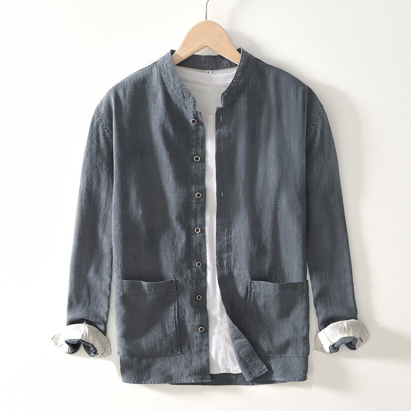 Men's Linen Ramie Shirt with Stand Collar | Casual Chinese Style Long Sleeve