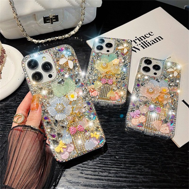 Rhinestone Flower Bow Tie Phone Case for iPhone 16 15 14 13 | Cute Shell Cover