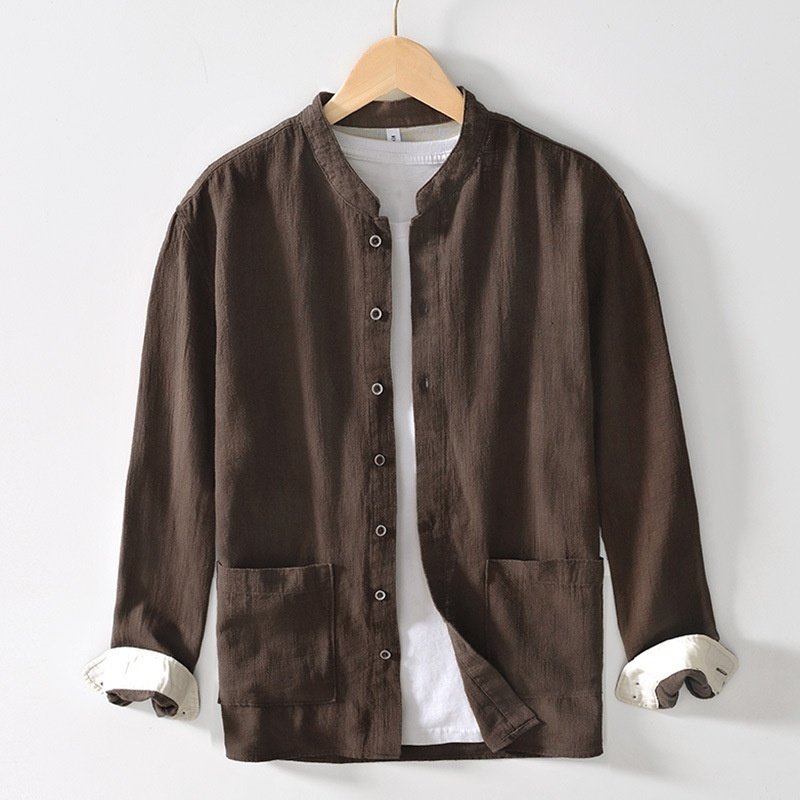 Men's Linen Ramie Shirt with Stand Collar | Casual Chinese Style Long Sleeve - Image 9