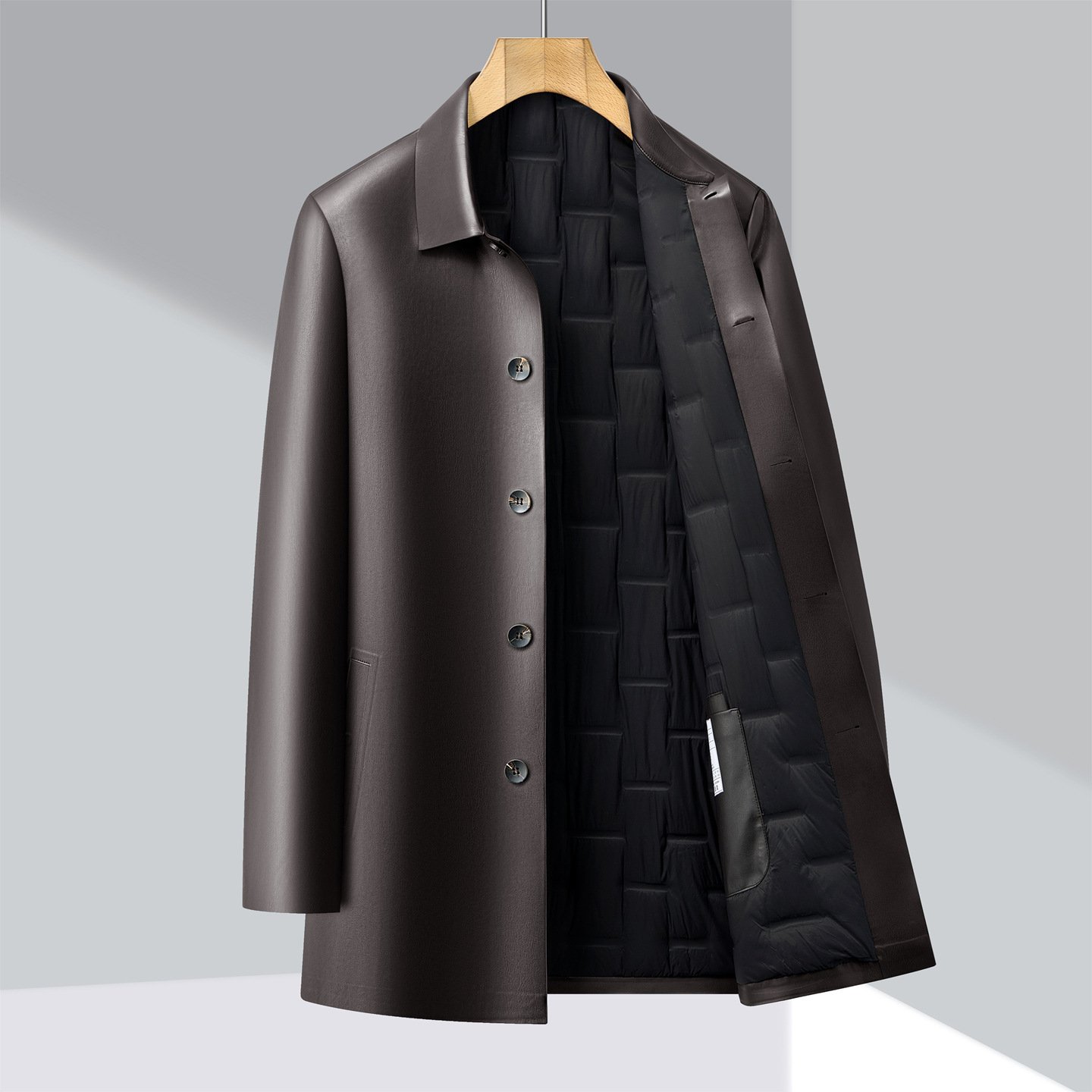 3-in-1 Men’s Leather Trench Coat – Detachable Down Liner Jacket - Image 2