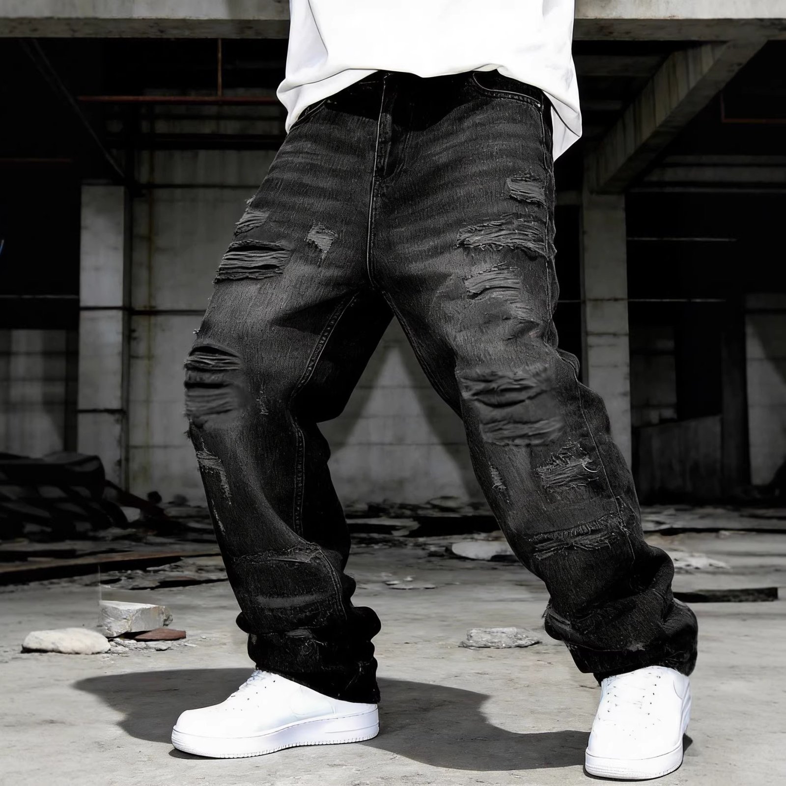 Men's Retro Patchwork Straight-Leg Pants - Loose-Fit Casual Trousers - Image 3