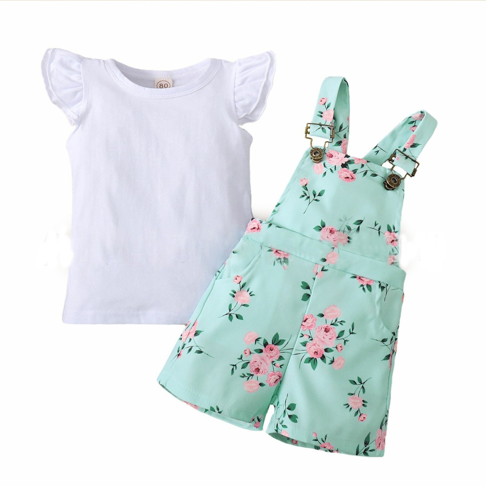 Girls' Short Sleeve Flounced T-Shirt & Floral Suspender Pants Set - Image 2