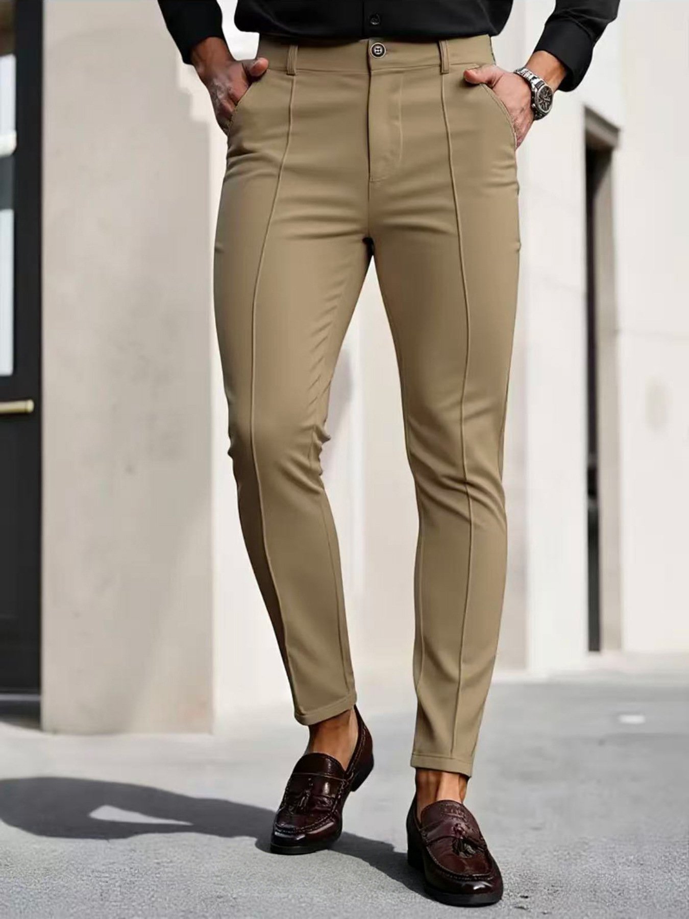 Men's Slim Fit Cropped Dress Trousers | Stretch Smart Casual Pants - Image 4