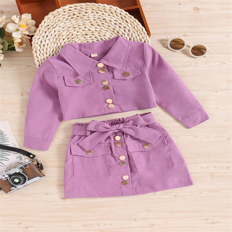 Long Sleeve Lapel Jacket & Bow A-Line Skirt Outfit Set - Image 3