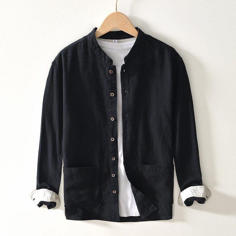 Men's Linen Ramie Shirt with Stand Collar | Casual Chinese Style Long Sleeve - Image 3