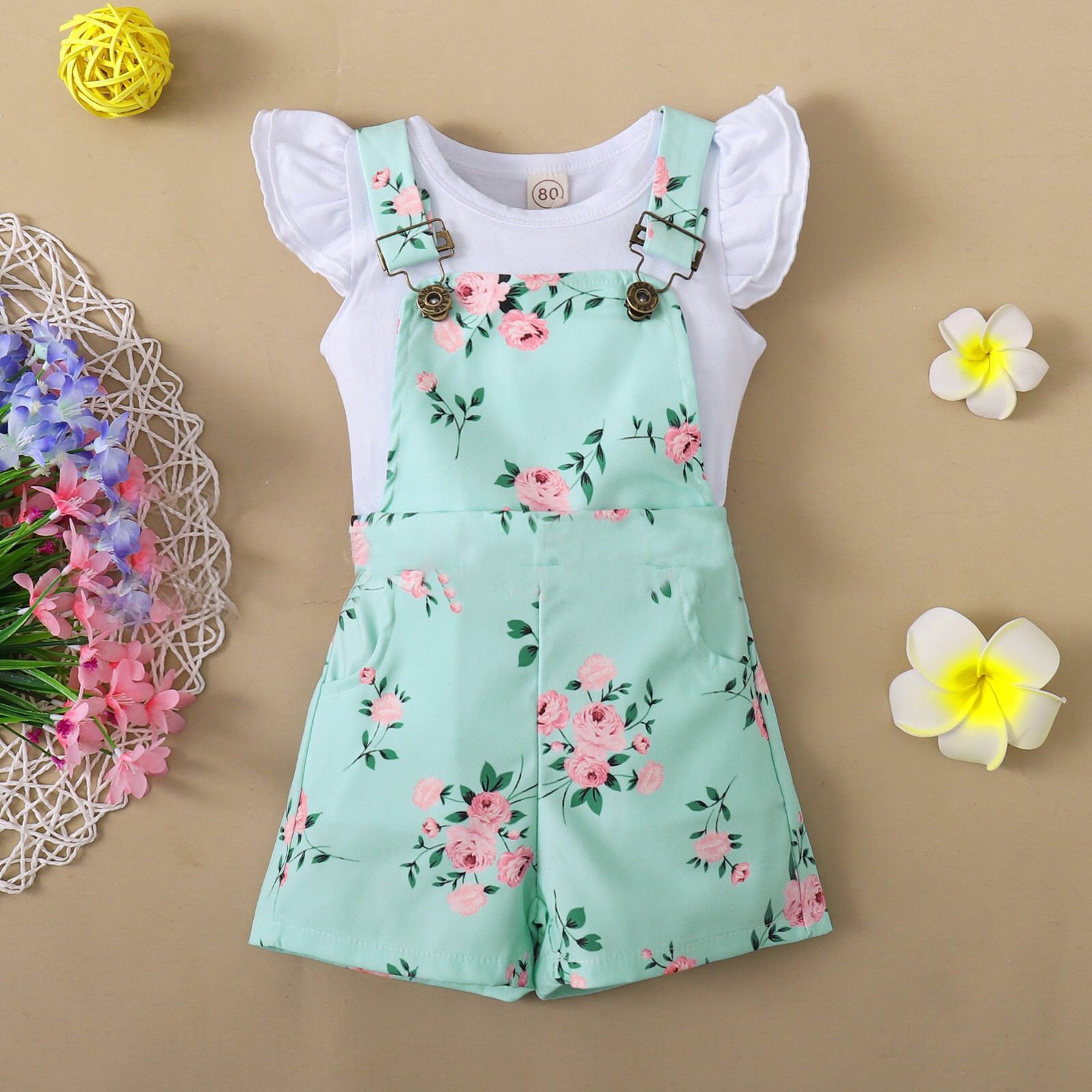 Girls' Short Sleeve Flounced T-Shirt & Floral Suspender Pants Set - Image 3