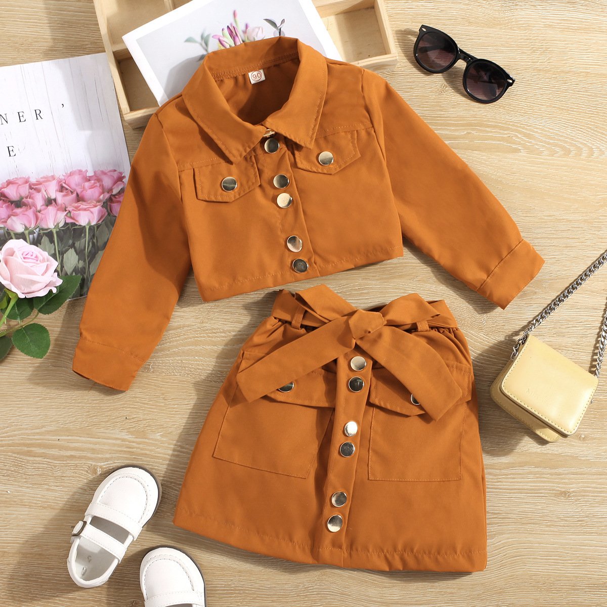 Long Sleeve Lapel Jacket & Bow A-Line Skirt Outfit Set - Image 5