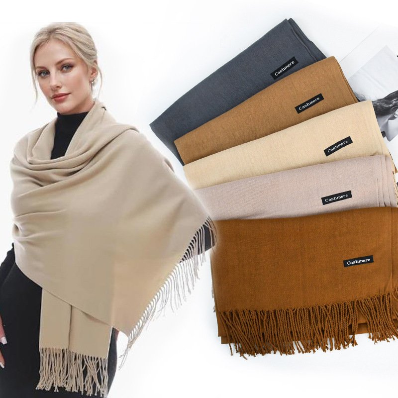 Women's Solid Color Winter Scarf: Cozy Pashmina Shawl with Tassels