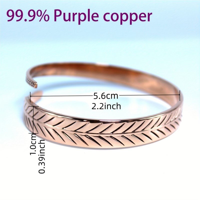 Retro Copper Leaf Pattern Bracelet | Vintage Style Unisex Bangle - Image 2