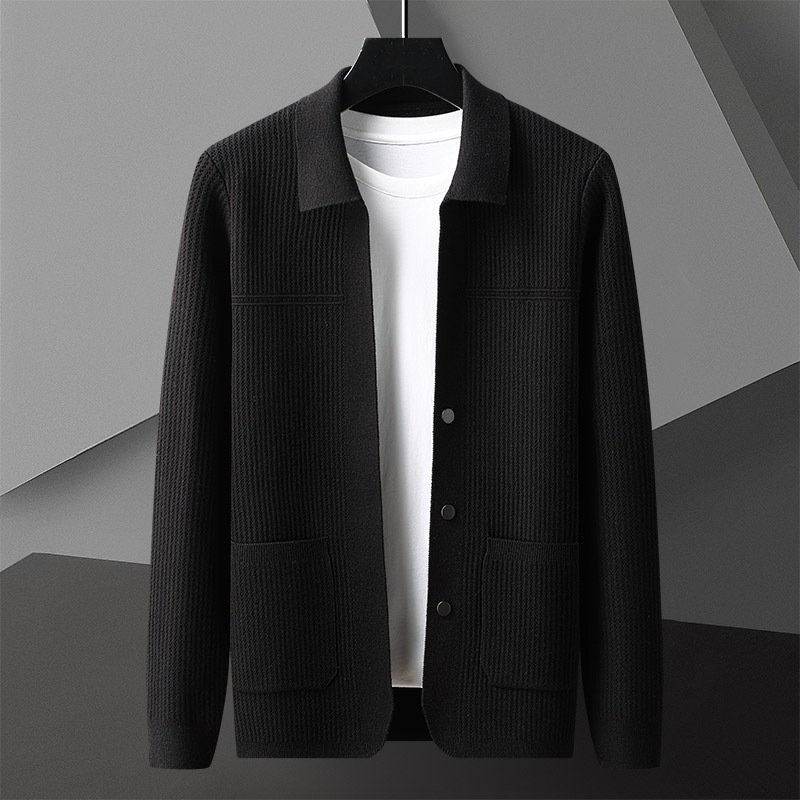Men's Lapel Collar Knit Sweater with Pockets | Warm Fall Winter Cardigan - Image 5
