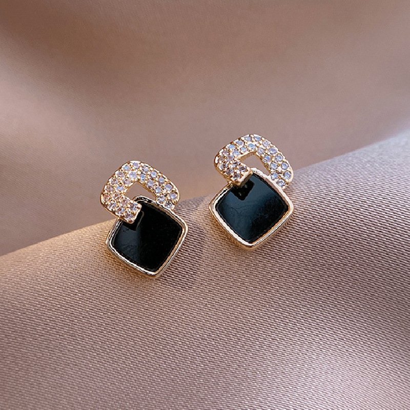 Minimalist Black Cubic Zirconia Studs | Square Geometric Earrings