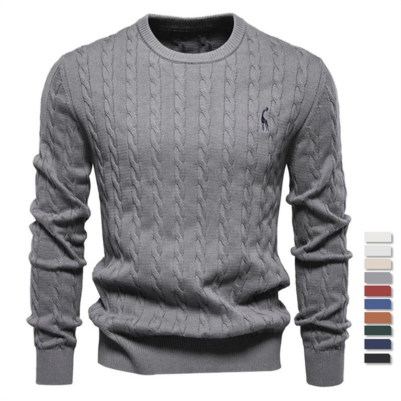 Men's Embroidered Deer Knitted Sweater | Casual Solid Color Crewneck - Image 2