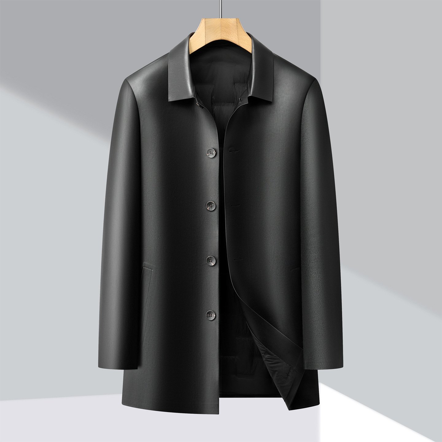3-in-1 Men’s Leather Trench Coat – Detachable Down Liner Jacket