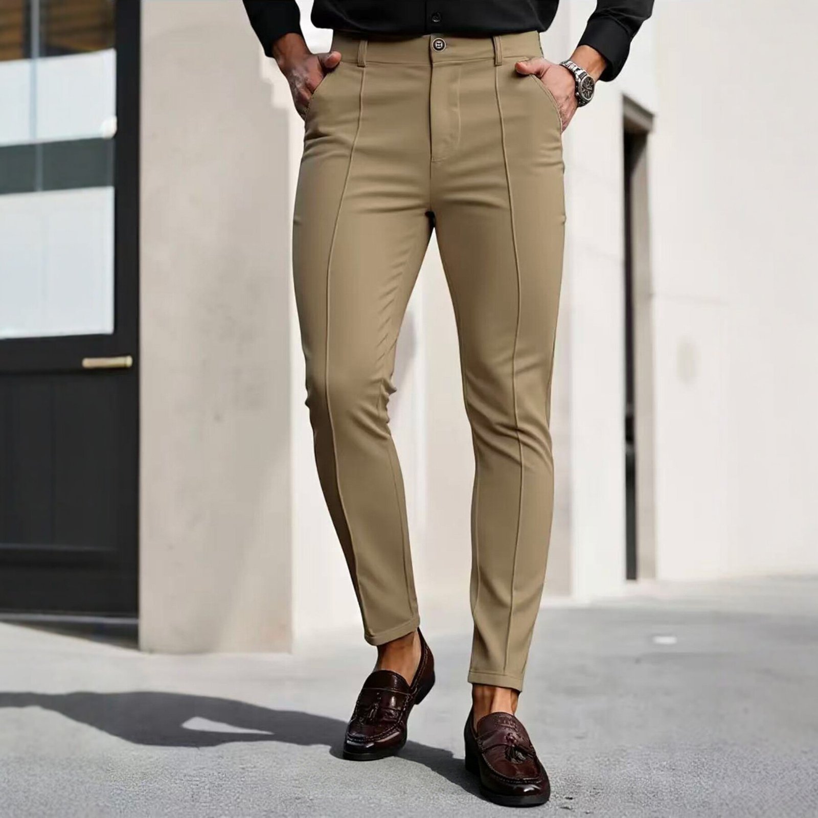 Men's Slim Fit Cropped Dress Trousers | Stretch Smart Casual Pants
