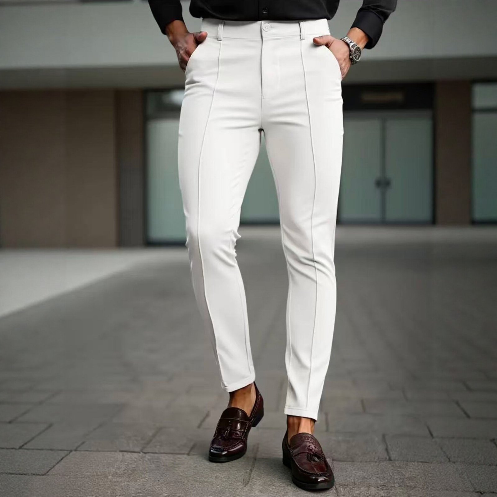 Men's Slim Fit Cropped Dress Trousers | Stretch Smart Casual Pants - Image 7