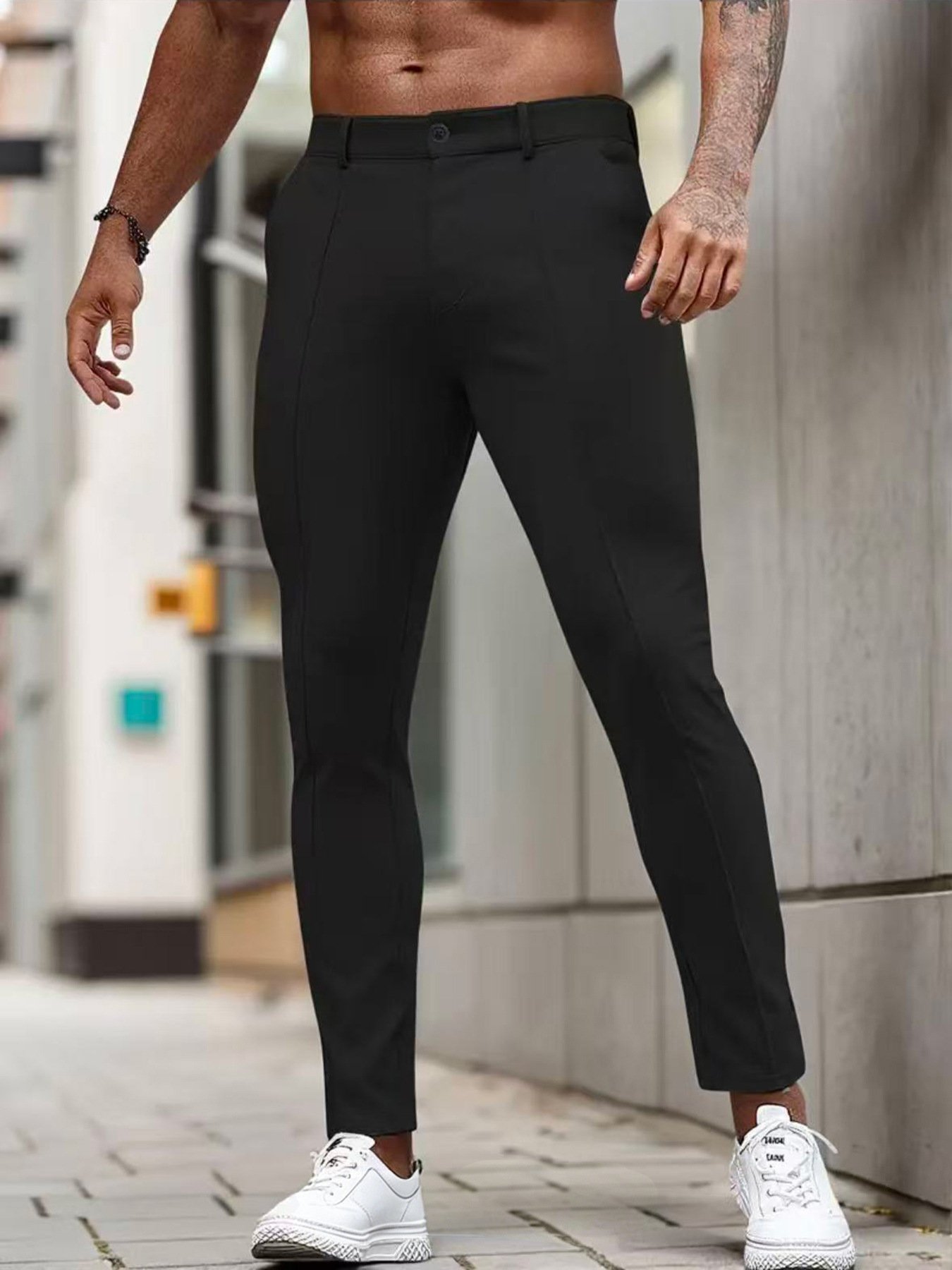 Men's Slim Fit Cropped Dress Trousers | Stretch Smart Casual Pants - Image 3