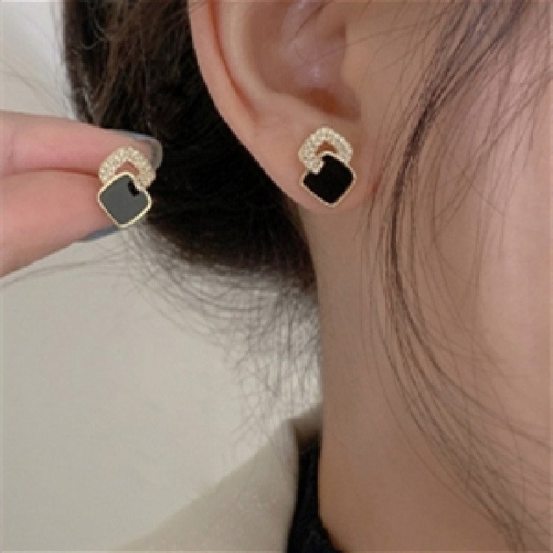 Minimalist Black Cubic Zirconia Studs | Square Geometric Earrings - Image 3