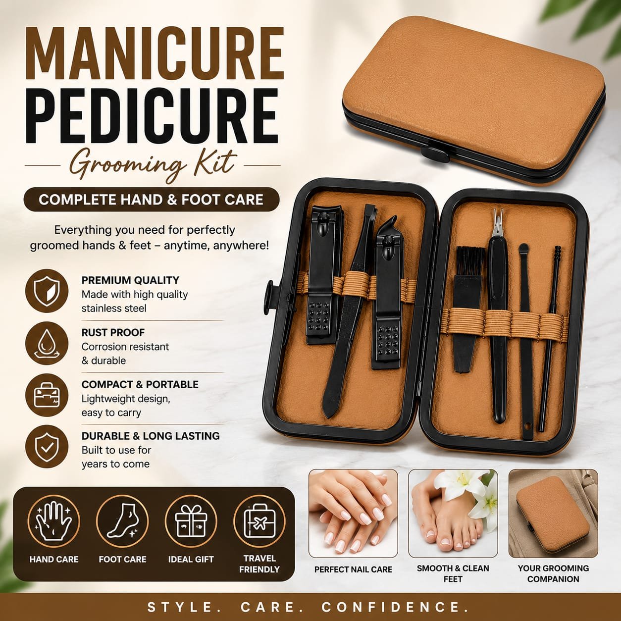 7-piece manicure and pedicure kit with nail clippers and grooming tools in a compact brown and black case
