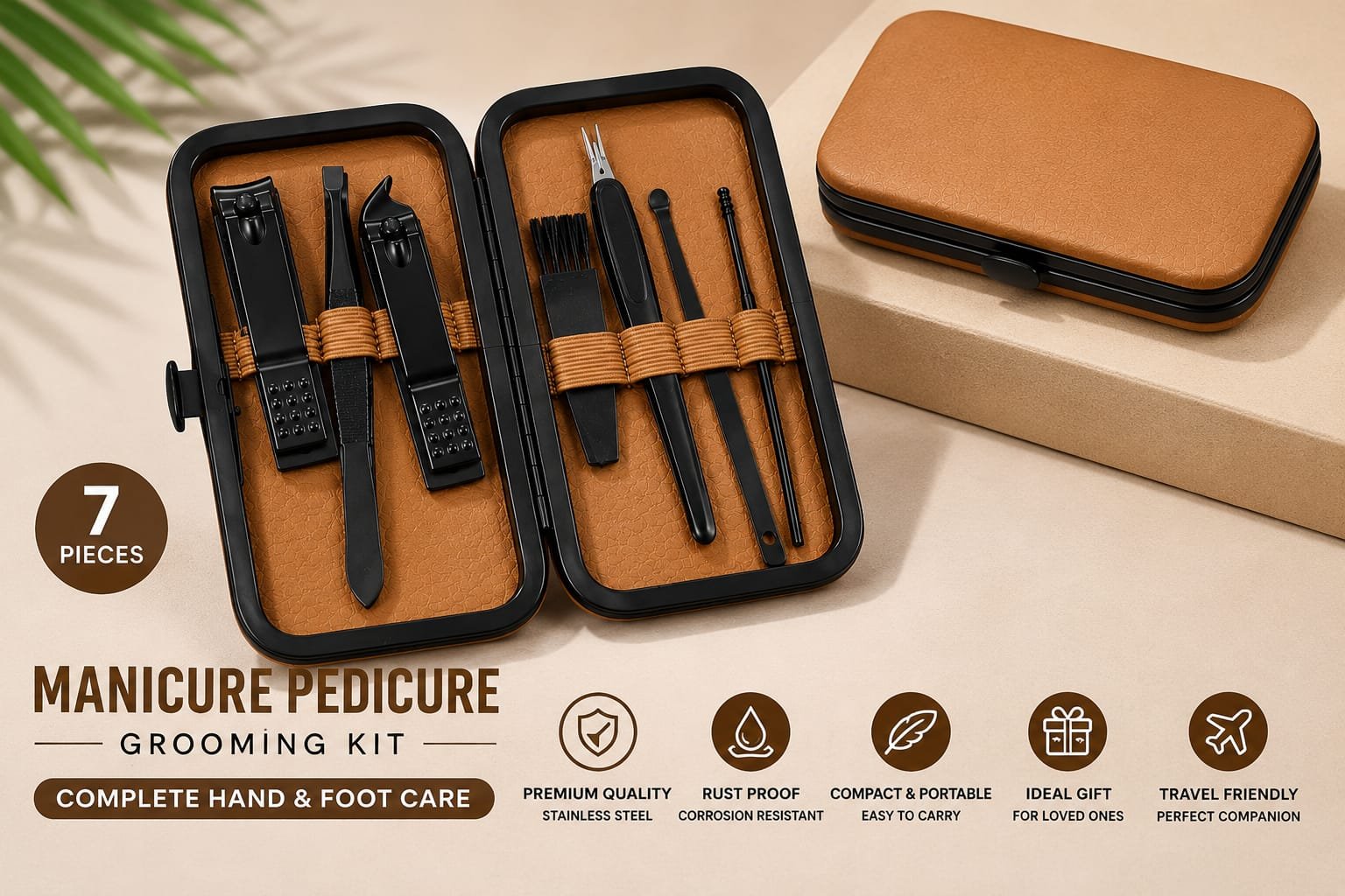 7-piece manicure and pedicure kit with nail clippers and grooming tools in a compact brown and black case