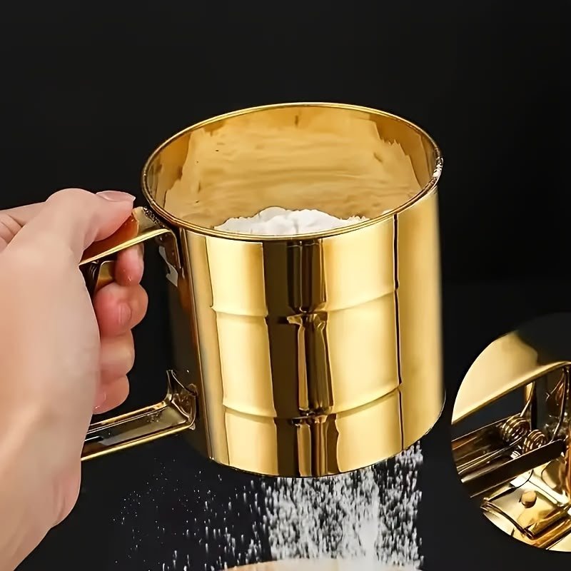 Premium Stainless Steel Flour Sifter – Golden Finish Handheld Sieve Cup with Squeeze Handle for Baking, Pastry, and Powdered Sugar - Image 2